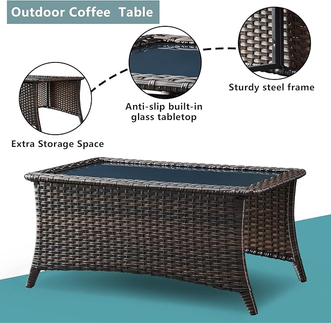 Patio Tables Wicker Coffee Table - Outdoor Rattan Coffee Tables with Glass Top for Patio Proch Deck Balcony Rectangle Brown