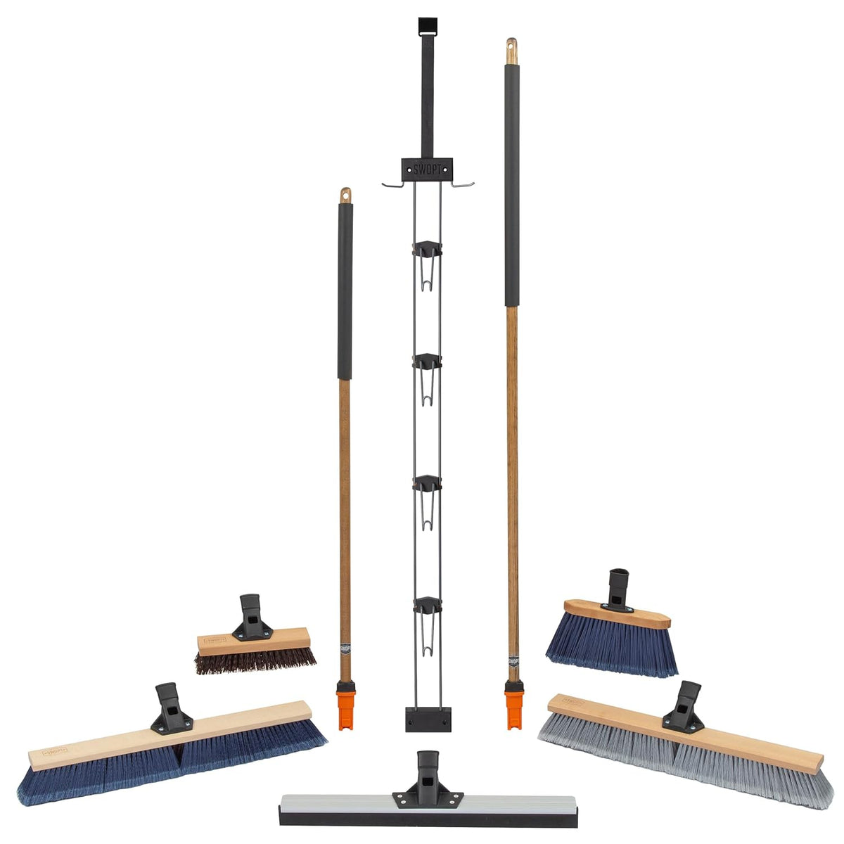 SWOPT Garage Kit — Includes 48” and 60” Wooden Handles, Smooth Surface Push Broom, Multi-Surface Push Broom, Angle Broom, Deck Brush, Floor Squeegee, and Organizer — Covers All Outdoor Cleaning Needs