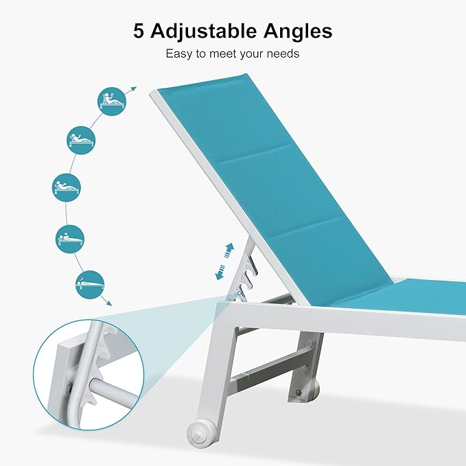 PURPLE LEAF Outdoor Chaise Lounge Set Oversize Adjustable Sunbathing Recliner Extra Wide Lounge Chairs with Side Table for Poolside Beach Outside Patio Aluminum Chaise Lounger Blue 2 Sets