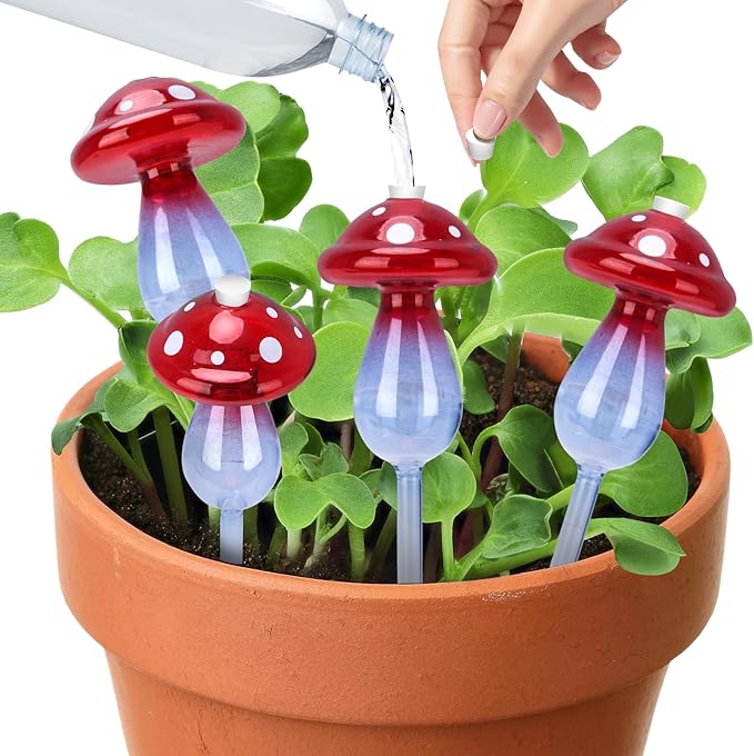 Headley Tools Plant Watering Globes Mushroom, Glass Plant Watering Globes, Self Watering Planter Insert, Cute Self Watering Globes - (4 PCS)