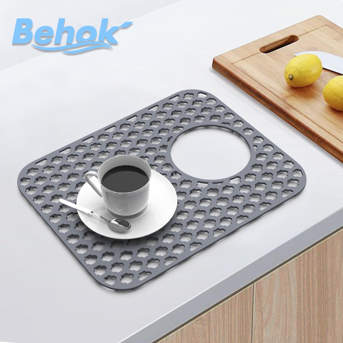 BEHOK 2 Pack Silicone Sink Protector Mat for Kitchen Sink Rear Drian Gray