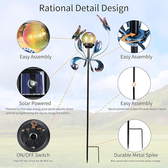 VCUTEKA Solar Lights Outdoor Metal Garden Stake Waterproof Crackle Glass Globe Garden Decor Butterfly for Pathway, Lawn, Patio, Yard