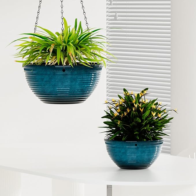 2 Pack Hanging Planters for Indoor Outdoor Plants, 10 Inch Hanging Planter with Drainage Hole & Plug Glazed Hanging Baskets Flower Pots for Garden Home (Blue)
