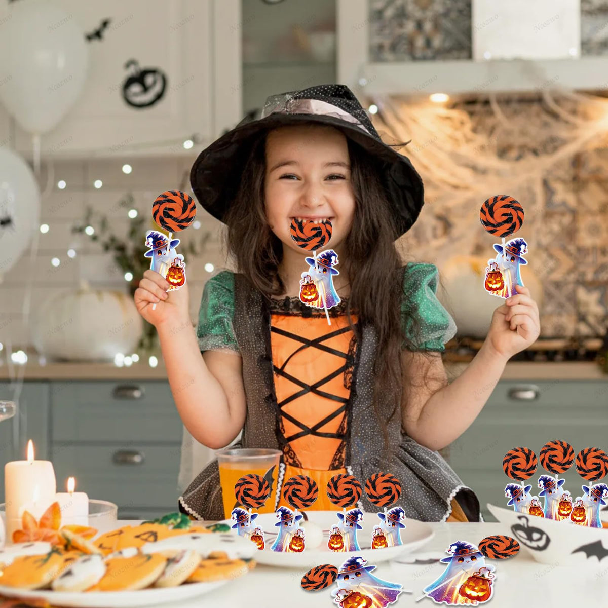 Ncozwo 100 Pcs Halloween Lollipop Paper Cards Cute Ghost Candy Chocolate Sugar Wrapping Card Decorations for Party Favors Exchange Cards (Carrying