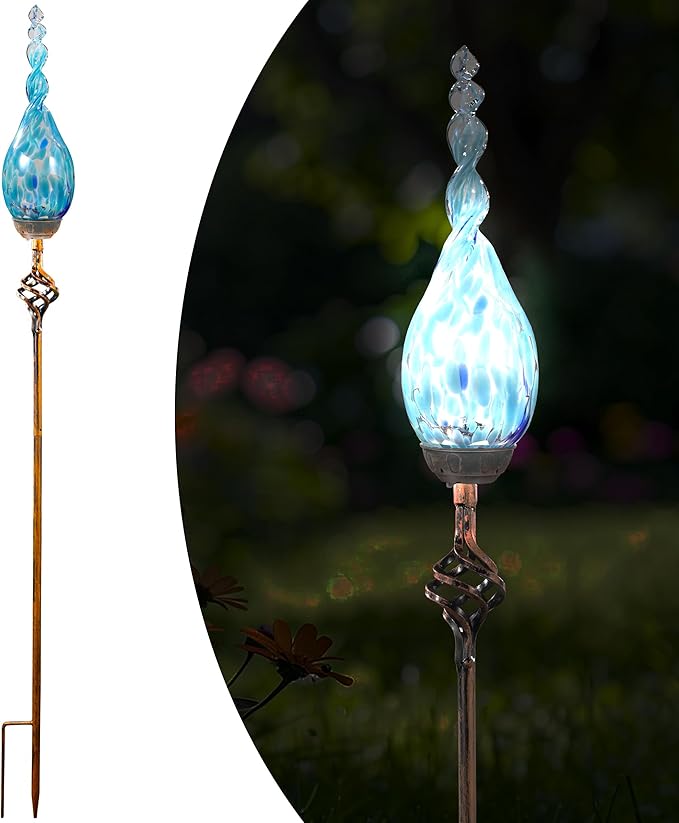 Garden Solar Light, Decorative LED Flame Garden Stakes, Hand Blown Glass and Metal Outdoor Decoration, 3 x 36 Inches (Light Blue)