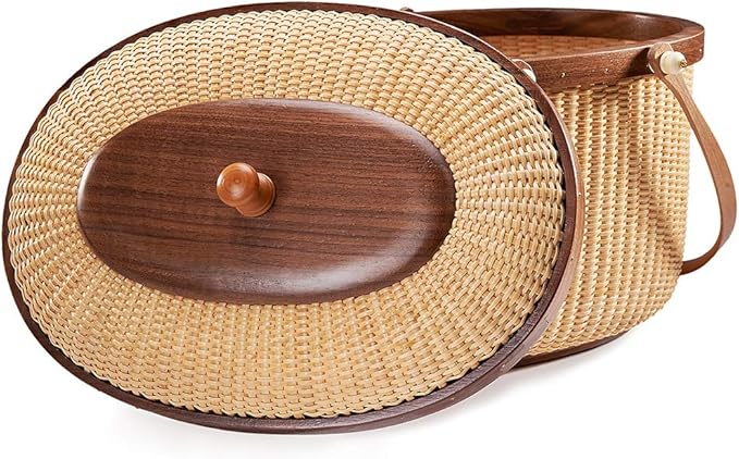 Nantucket Style Basket Picnic Basket Rattan Handmade Products Woven Sewing Storage Basket Two Swing Handles Tote Bag for Women