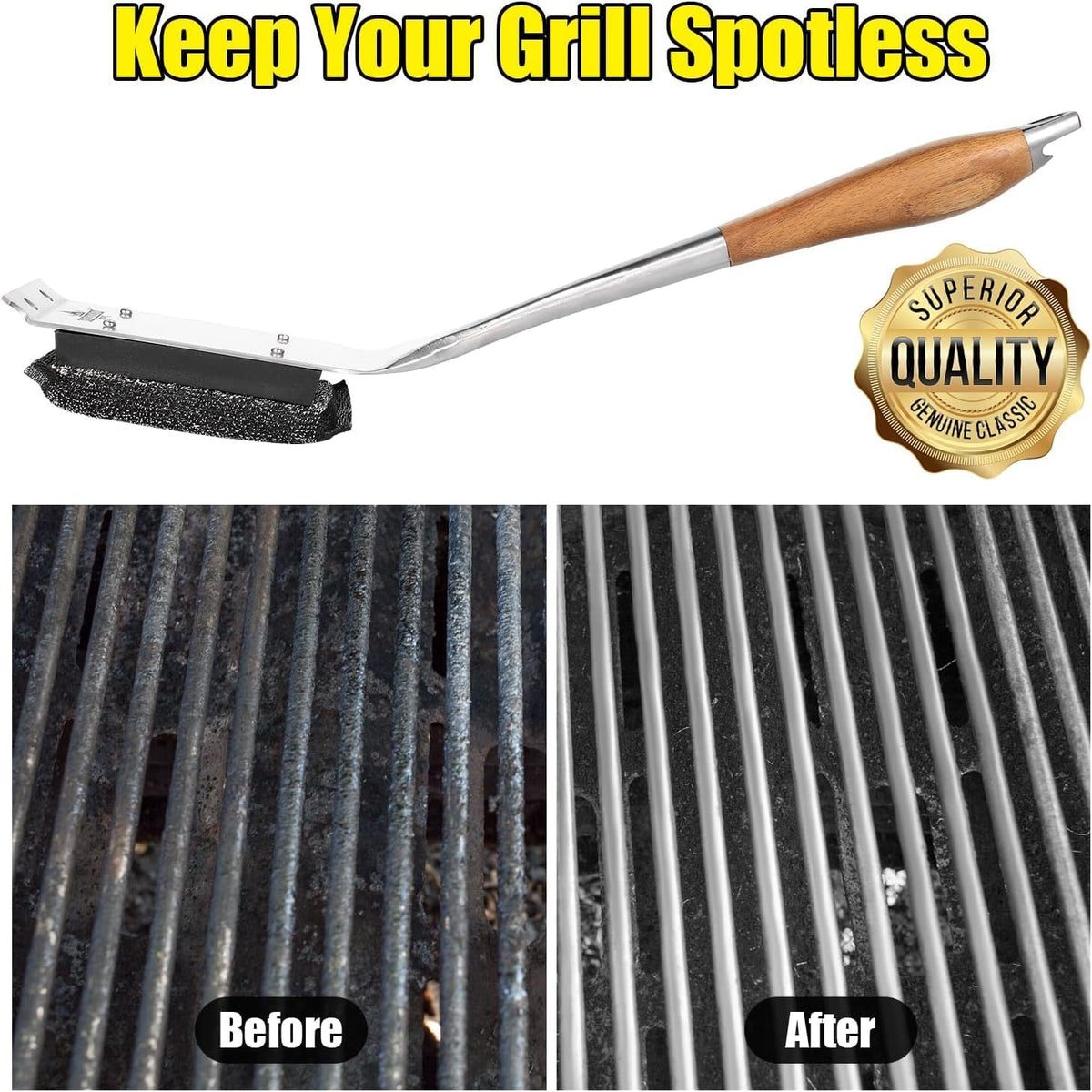 BBQ Replaceable Scraper Cleaning Head, Durable for Cast Iron or Stainless-Steel Grates, Barbecue Cleaner.