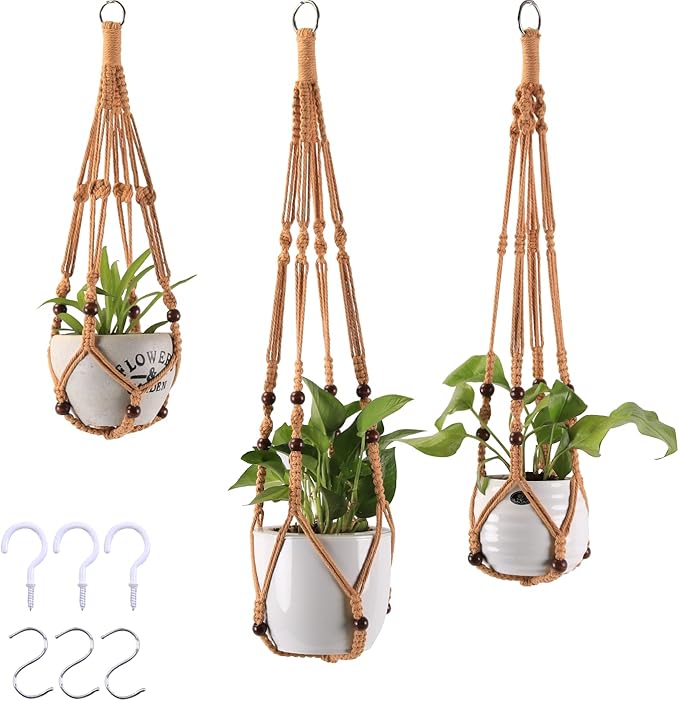 3-Pack Macrame Plant Hanger Indoor - Hanging Planter Basket for Indoor Outdoor - Decorative Boho Plant Holders Set with Beads - Ceiling Flower Pot Holder with 6 Hooks - 35"/30"/24" Brown