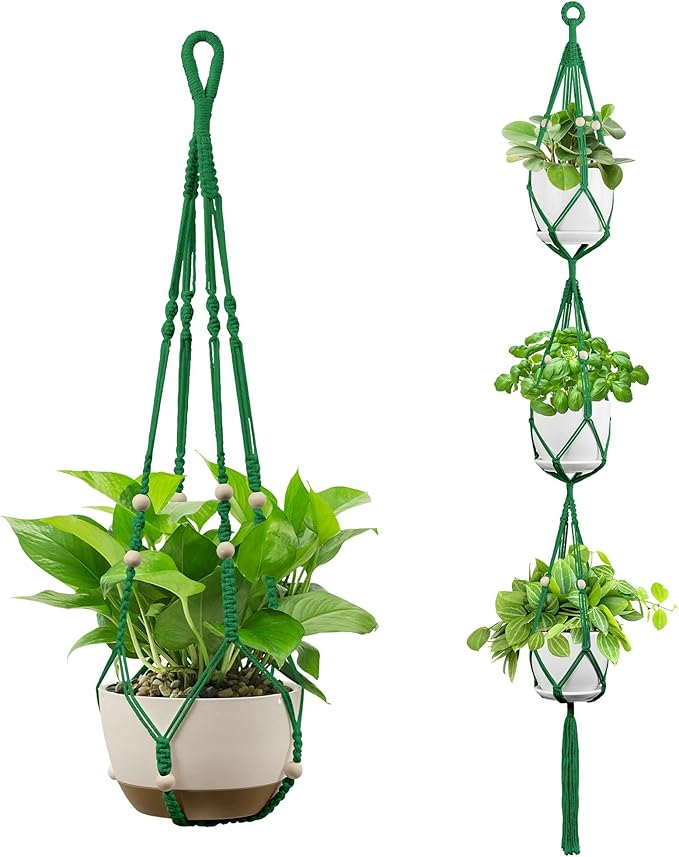USLAI Macrame Plant Hanger Indoor Outdoor, Up to 4-15 inch Pot, Heavy 20lb Planters, Extra Long Strong Hanging Planter Basket Holder, Boho Home Decor, 35+72 Inch, Green (POTS NOT Included)