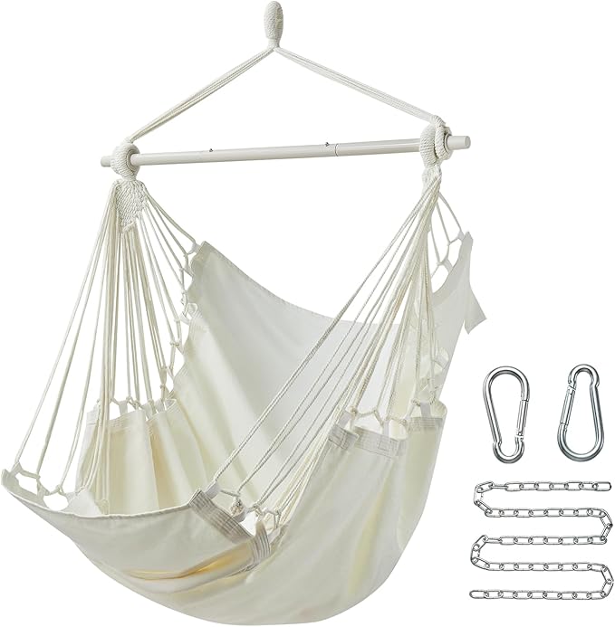 Hanging Hammock Chair Swing MAX 500 lbs Outdoor Hanging Chair with Footrest Indoor Swing Chair with Portable Steel Spreader Bar and Hardware Kit for Bedroom Living Room Patio Porch - White