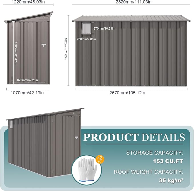 4 * 9.2 FT Outdoor Storage Shed, Galvanized Steel Garden Shed with Lockable Door & Window, Waterproof Metal Tool Storage for Garden, Backyard, Patio, Lawn(Gray)