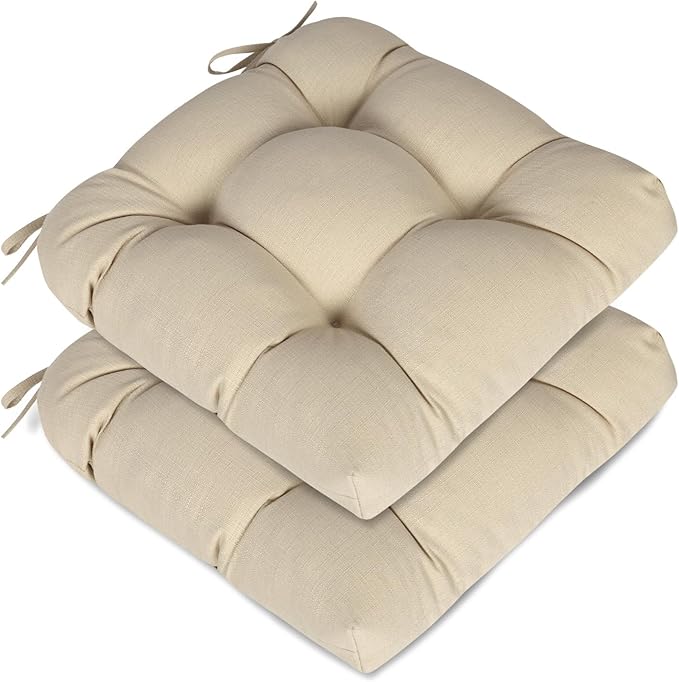 Aoodor 19" x 19" x 5" Tufted Outdoor Chair Cushions, Water Resistant & Fade Resistant Polyester Dining Chair Pads with 2 Straps for Patio Furniture, Set of 2