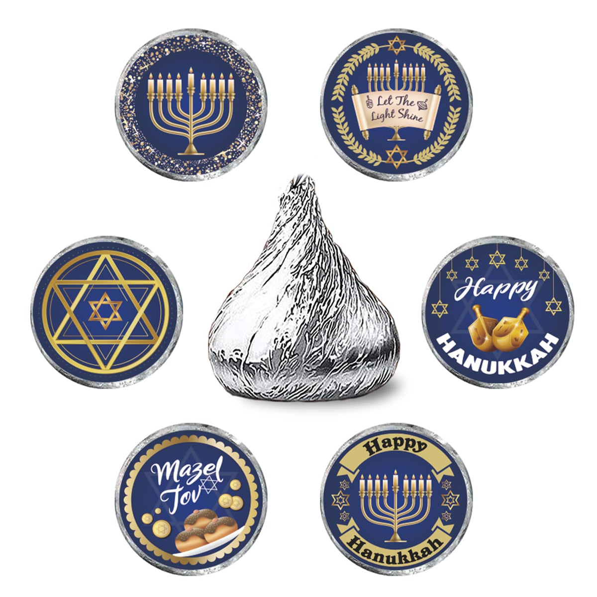 Happy Hanukkah Kiss Sticker Labels - Chanukah Party Round Candy Sticker Favors - Jewish Holiday Labels Fit Chocolate Candy (Set of 150)