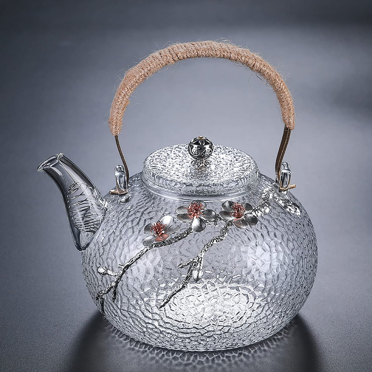 ZENATION Japanese Style hammered glass exquisite 900ml tea pot, with tin and copper plum blossom decoration