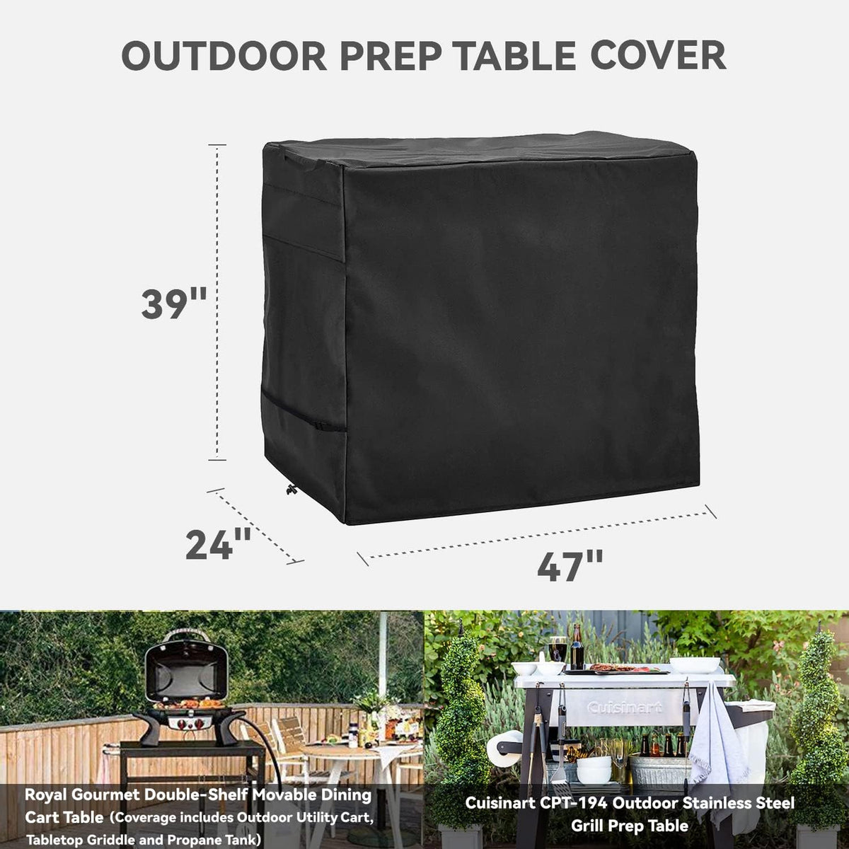 Outdoor Dining Cart Cover - Heavy Duty Waterproof Cover for Royal Gourmet Cart, Flattop Worktable, Propane Tank - Black, Polyester