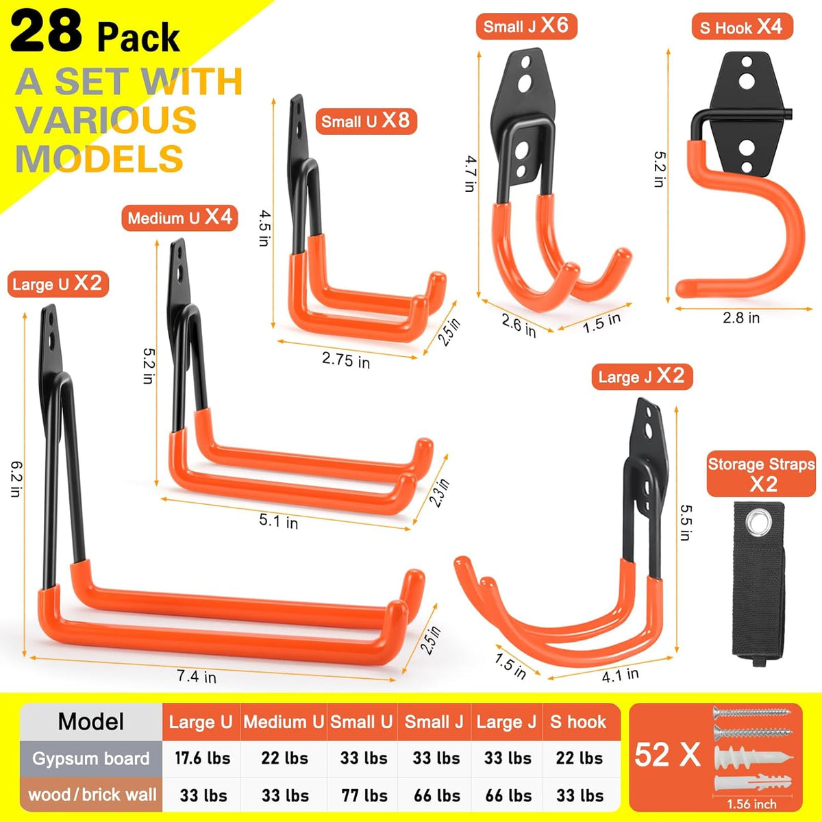 28 Pack Heavy Duty Garage Hooks, Utility Wall Mounted Storage System, with Anti-Slip Coating Hanger, for Hanging Power and Garden Tools, Ladders, Bikes, Ropes and Bulk Items