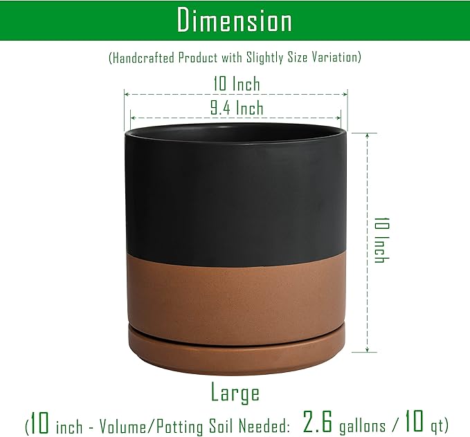 D'vine Dev 10 Inch, Ceramic Planter Pot with Drainage Hole and Saucer, Indoor Cylinder Round Planter Pot, Black/Speckled Tan, 94-O-E-7