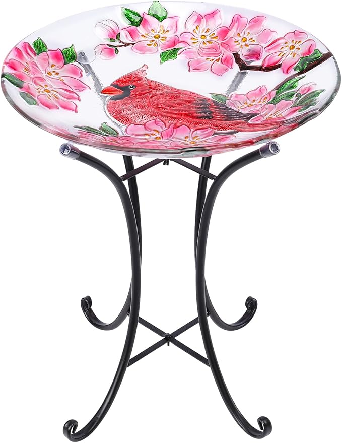 VCUTEKA Bird Baths for Outdoors, Glass Bird Bath with Metal Standing for Garden, Yards Patio Décor, Bird Lovers Gift, Cardinal Glass Birdbath Detachable (22" H * 18" W)