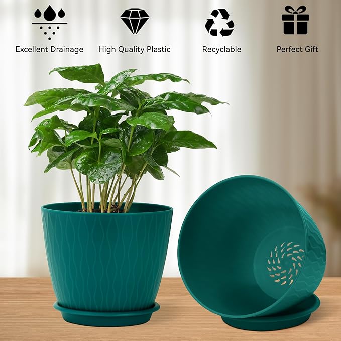 Plant Pots – 6 Inch Planters with Drainage Holes and Saucers, Flower Pots for Indoor and Outdoor Plants, Nursery Planting Pots (Pack of 5, Teal)
