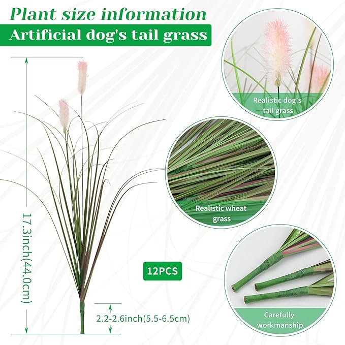 Artificial Grasses Plants Oudoor 12 Bunches Onion Grass Greenery with Plush Faux Fake Shrubs Plant Onion Wheat Grass for Outside Garden Indoor House Home Office Décor (Light Purple & Pink Plush