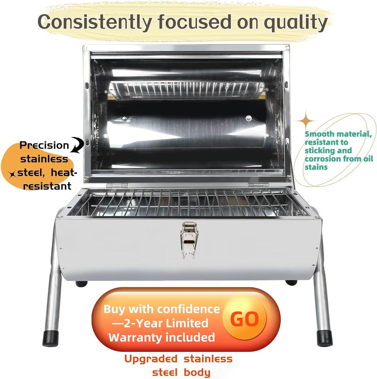 Upgraded Rust-Resistant Premium Stainless Steel Portable Charcoal Grill, Dual Large Grilling Zones,Easy-to-Assemble Outdoor Small Grill for Backyard,Patio,Travel&Camping,Foldable Tailgate Compact BBQ