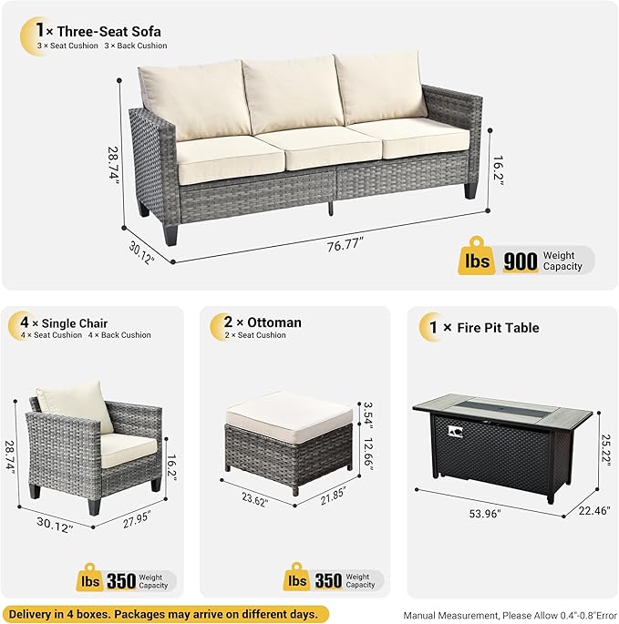 ovios 8 Pieces Patio Furniture Set with 54" Fire Pit Table, Outdoor Wicker Sofa with Comfy Cushions, All Weather High Back Rattan Couch Conversation Set, Beige