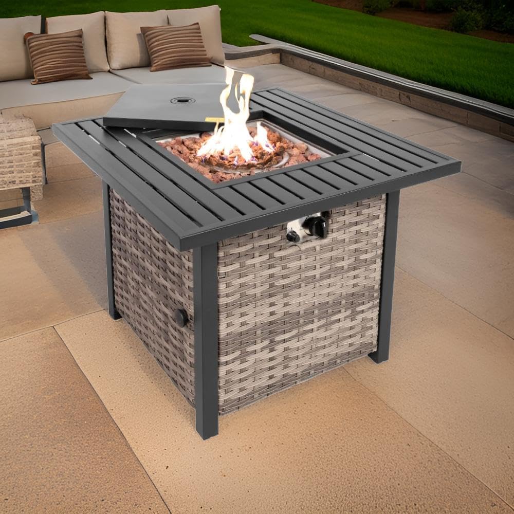 Basel Propane Fire Pit Table 30” Outdoor Firepit 50,000 BTU Firepits for Outside with Lava Rocks and Removable Lid Metal Fire Pit Outdoor Fireplace Propane Fire Pits for Outside CSA Certified