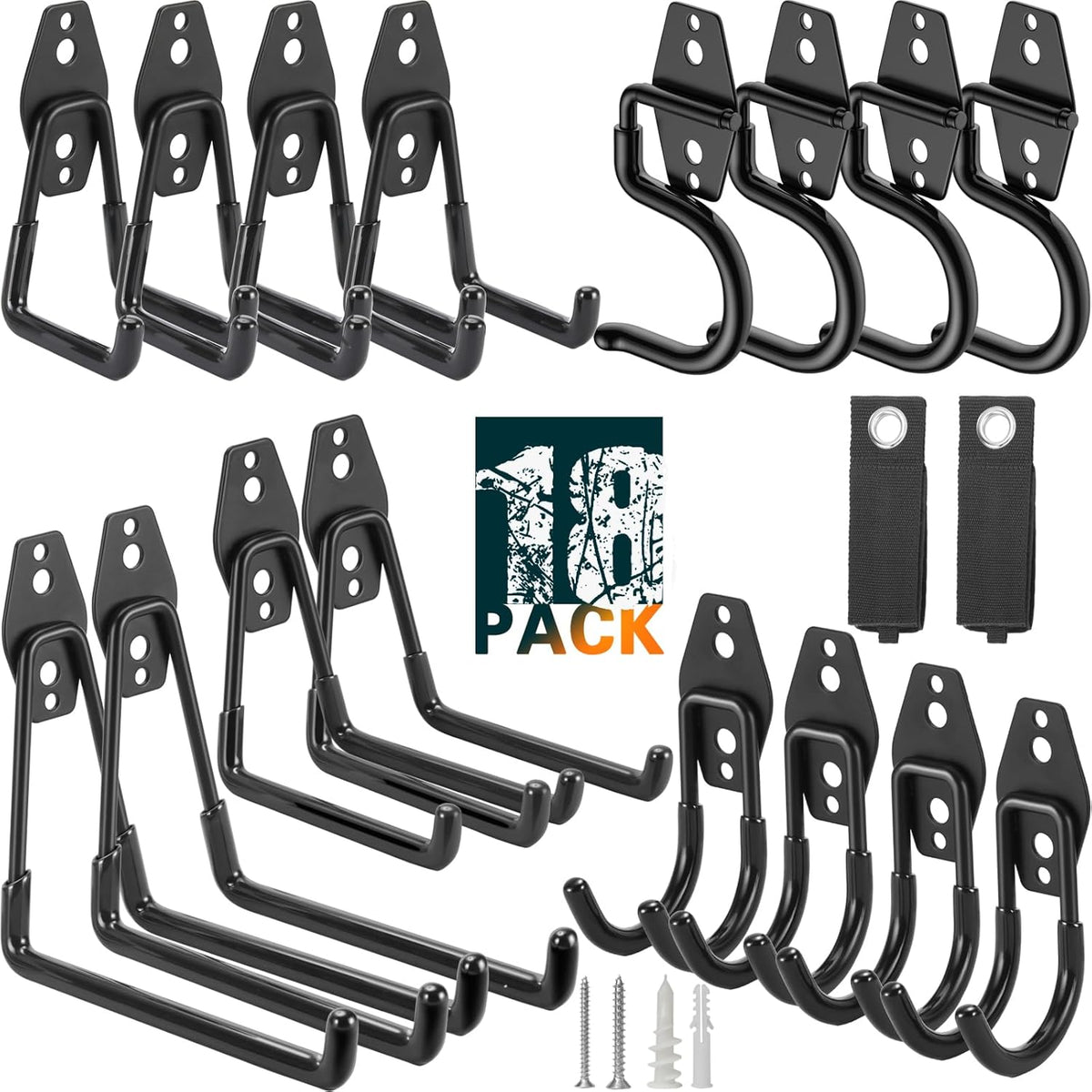 18 Pack Heavy Duty Garage Hooks, Utility Wall Mounted Storage System, with Anti-Slip Coating Hanger, for Hanging Power and Garden Tools, Ladders, Bikes, Ropes and Bulk Items