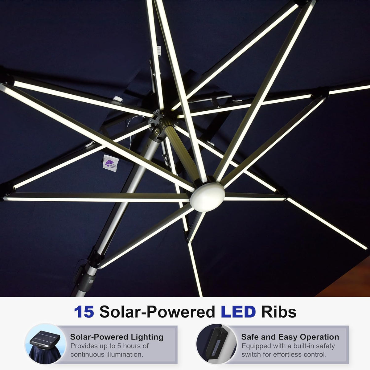 PURPLE LEAF 10' X 13' Double Top Deluxe Solar Powered LED Rectangle Patio Umbrella Offset Hanging Umbrella Outdoor Cantilever Umbrella, Navy Blue