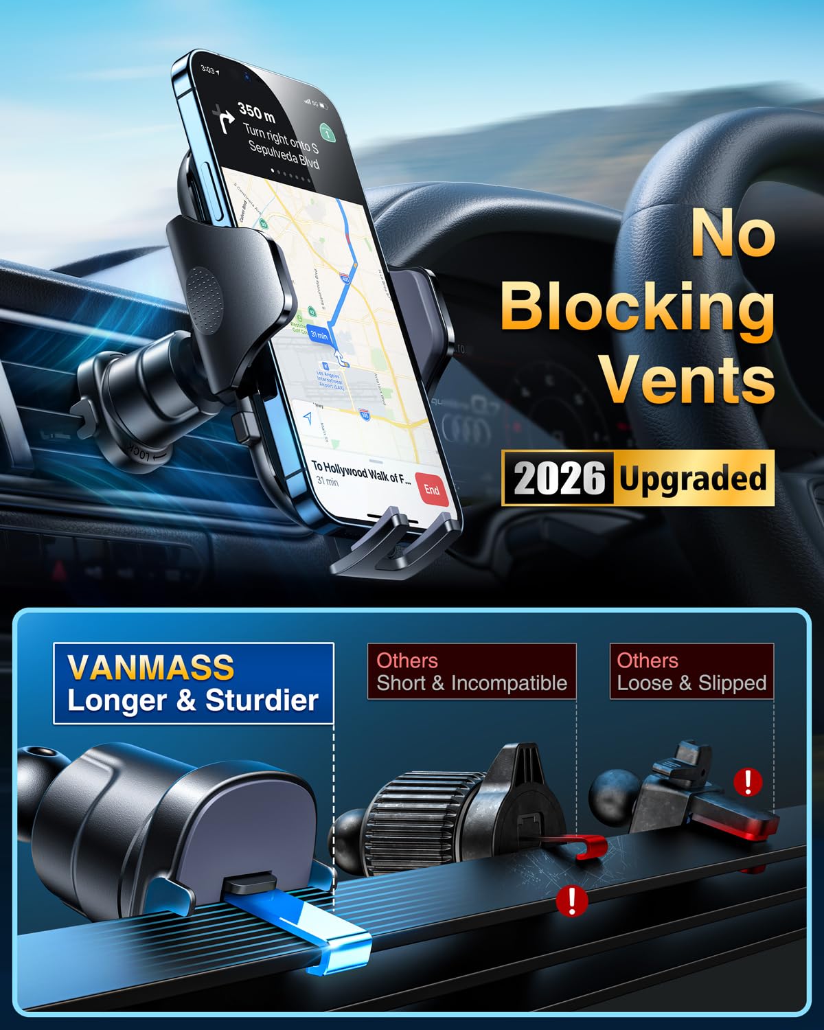[True Military-Grade] Car Phone Holder VANMASS [Upgraded Strongest Suction&Clip] Cell Phone Mount for Dashboard Windshield Vent Kit, Truck Cradle Stand for iPhone 18 Pro Max 17 16 15 Android,Ink Black