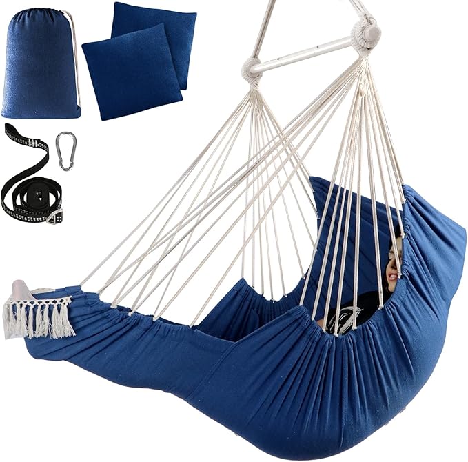 Chihee Hammock Chair Hanging Chair with Foot Rest 2 Cushions Max 500lbs Robust Metal Spreader Bar Collapsible Easy Storage Soft Cotton Swing Chair Strong Strap Iron Carabiner Side Pocket Included
