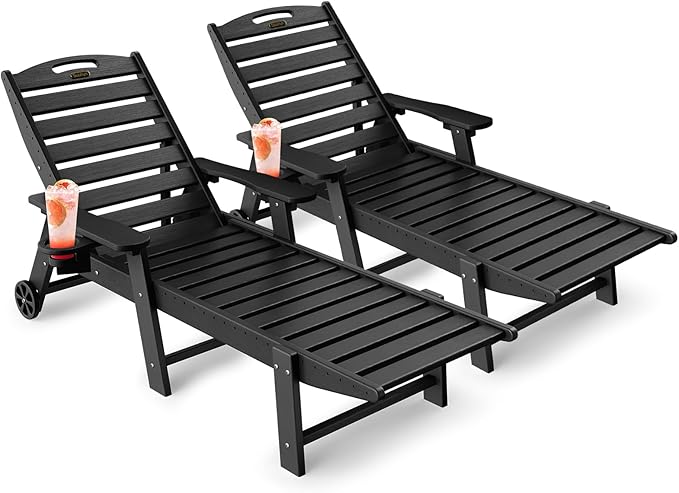 Lounge Chair Outdoor Set of 2, HDPE Chaise Lounge Outdoor with 6-Position & Wheels &Cup Holder, Pool Lounge Chair for Pool Poolside Deck Backyard Patio, Black