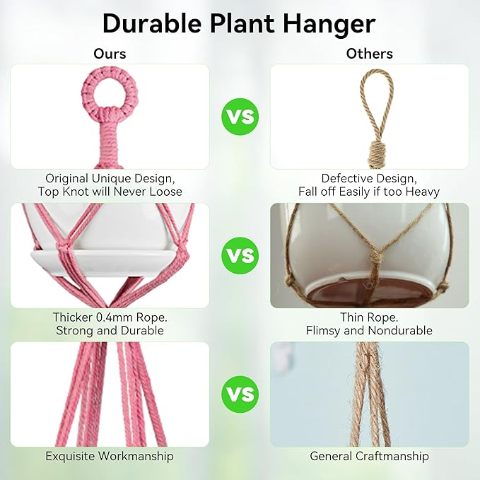 USLAI Macrame Plant Hanger Indoor Outdoor, Up to 4-15 inch Pot, Heavy 20lb Planters, Extra Long Strong Hanging Planter Basket Holder, Boho Home Decor, 49+72 Inch, Pink (POTS NOT Included)