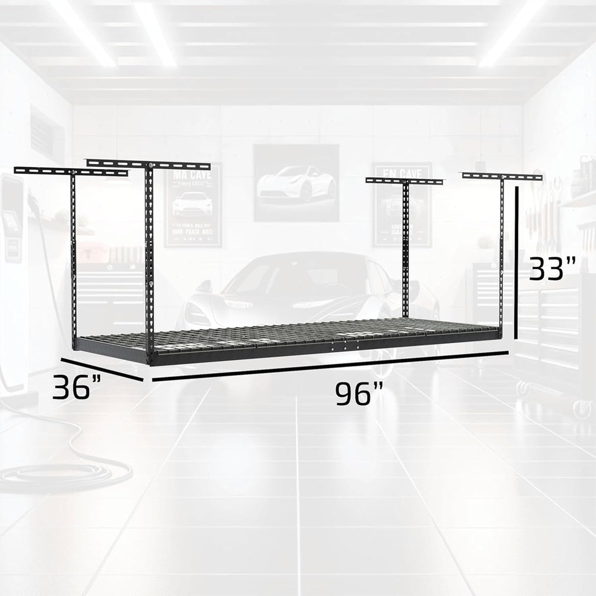 MonsterRax Overhead Garage Storage Racks 3x8’ Ceiling Mounted Shelving, Adjustable Hanging Organizer, Heavy Duty Steel, Holds 500 Pounds, Color: White, Adjustable from 24"-45" off the Ceiling