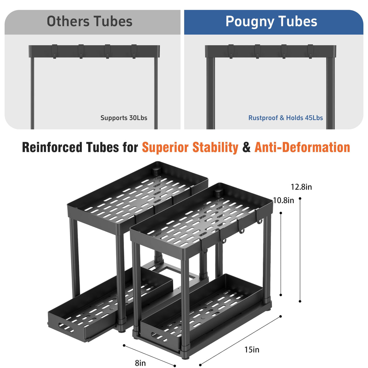 POUGNY 2 Pack Pull-Out Storage Organizers, Under Sink Organizer and Storage for Bathroom & Kitchen,Multi-Purpose Under Cabinet Organizers and storage Black