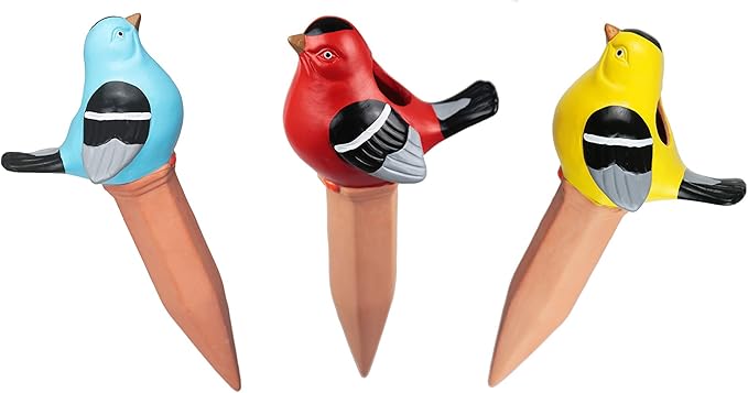 Terracotta Plant Self Watering Spikes - Set of 3 Terracotta Self Watering Bulbs, Self Watering Stakes, Self Watering Globes for Pot Plants (Birds Painted, Large)