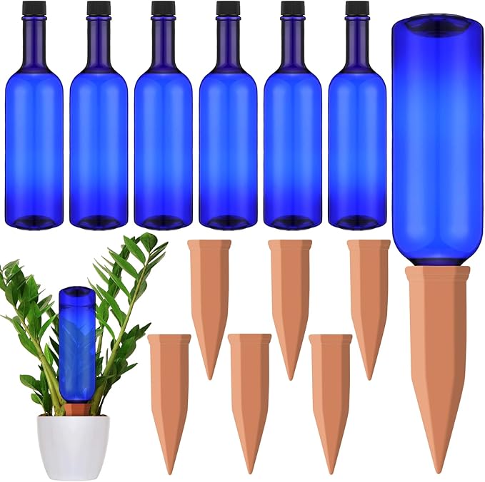 12 Pack Plant Watering Devices Include 6 Terracotta Self Watering Spikes and 6 Pcs 26 oz Plastic Bottles, Slow Release Vacation Insert Automatic Plant Waterer Device (Blue)