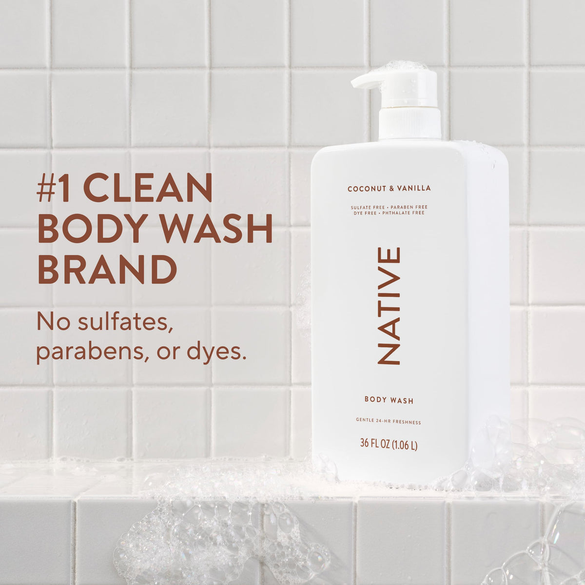 Native Clean Body Wash, Gentle & pH-balanced for Sensitive Skin, 24-Hr Freshness for Women & Men, Vegan & Cruelty-Free, Free of Sulfates, Parabens & Phthalates, Coconut & Vanilla, 36 oz