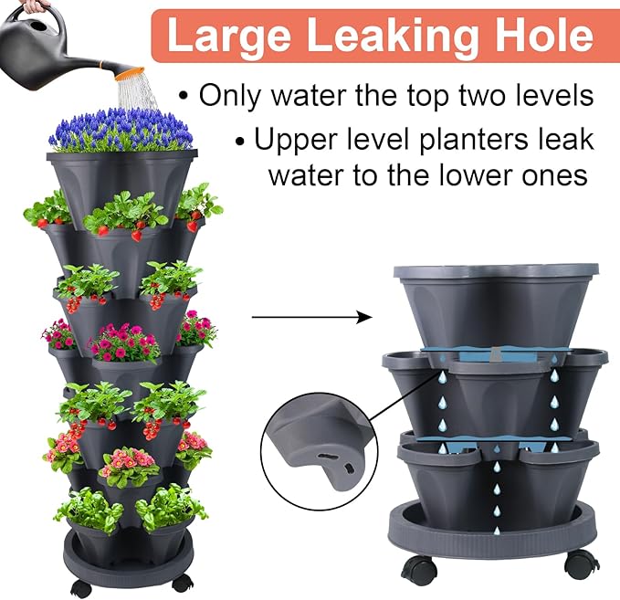 Vertical Planter 7 Tier Stackable Planters Garden Planters Strawberry Herb Flower and Vegetable Planter Indoor Outdoor Gardening Pots with Removable Wheels and Tools