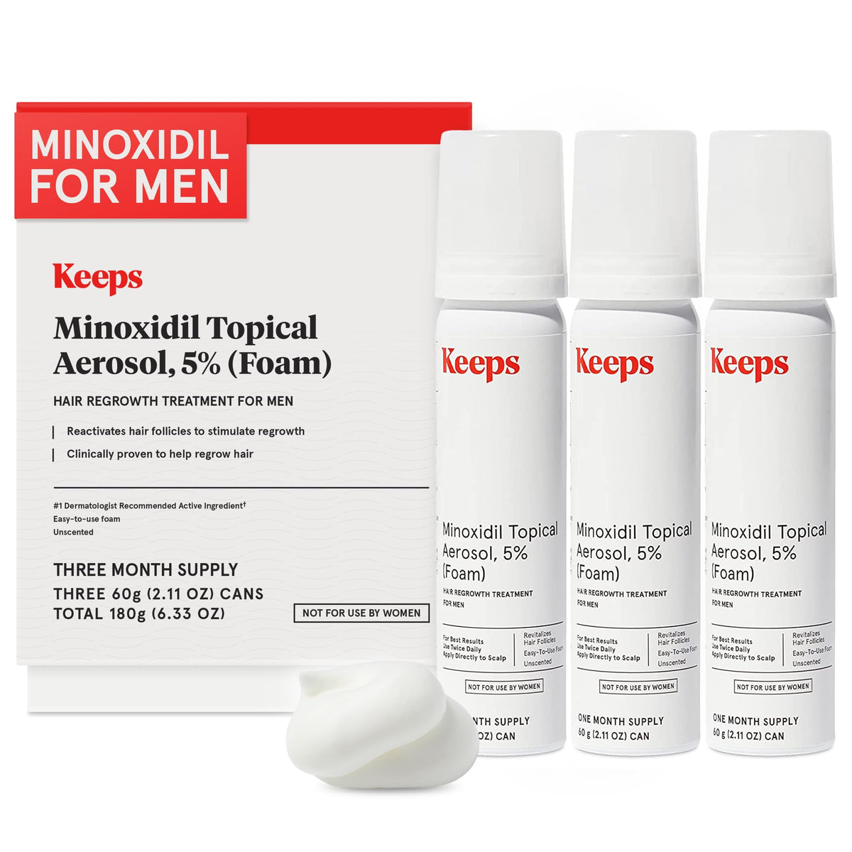 Keeps Extra Strength Minoxidil For Men Topical Aerosol Foam 5%, Hair Growth Treatment - 3 Month Supply (3 X 2.11Oz Bottles) - Th