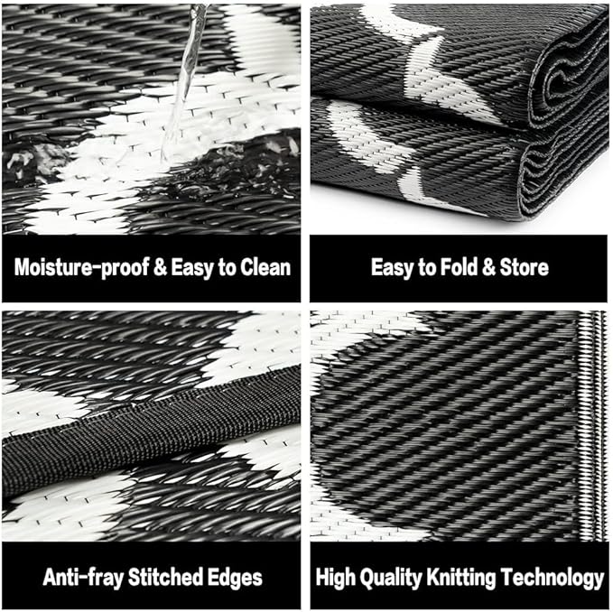 Outdoor Plastic Straw Rug, Waterproof Mat, Washable Large Floor Mat and Rug for Outdoors, RV, Beach, Patio, Camping, Backyard, Deck, Picnic, Indoor Outside (5x8ft,Lantern/Black&White)