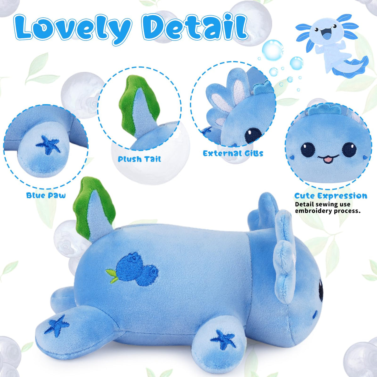 Axolotl Plush Toy, 8inch Kawaii Cute Blueberry Axolotl Stuffed Animal