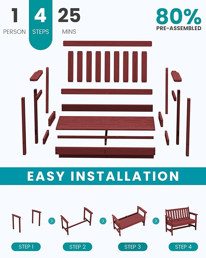 SERWALL Outdoor Bench, HDPE Outdoor Benches Weatherproof, 2-Person Garden Bench with 660 lbs Weight Capacity, Patio Benches for Outdoors, Garden, Porch, Backyard and Park, Red, 6 Pack