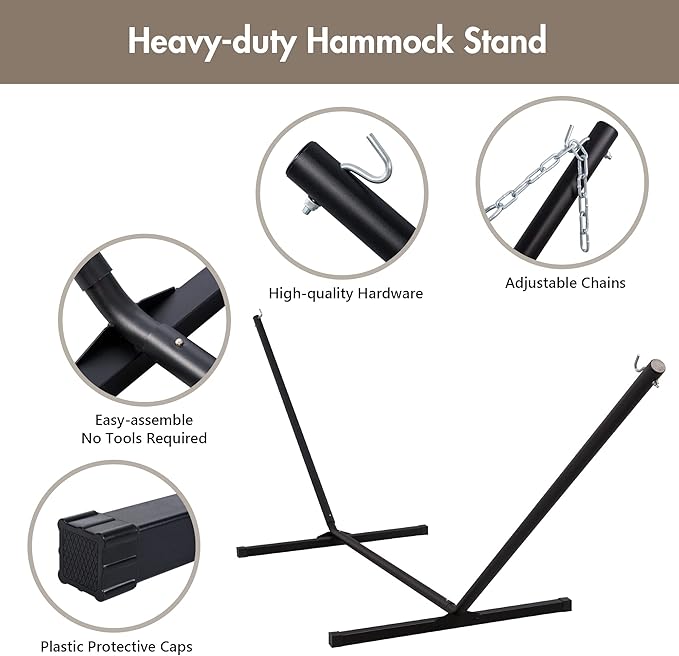 ANOW 2 Person Hammock with 12FT Heavy Duty Steel Stand, Double Rope Hammock with Detachable Pillow and Pad for Outdoors Indoors, 450 LBS Weight Capacity, Light Brown