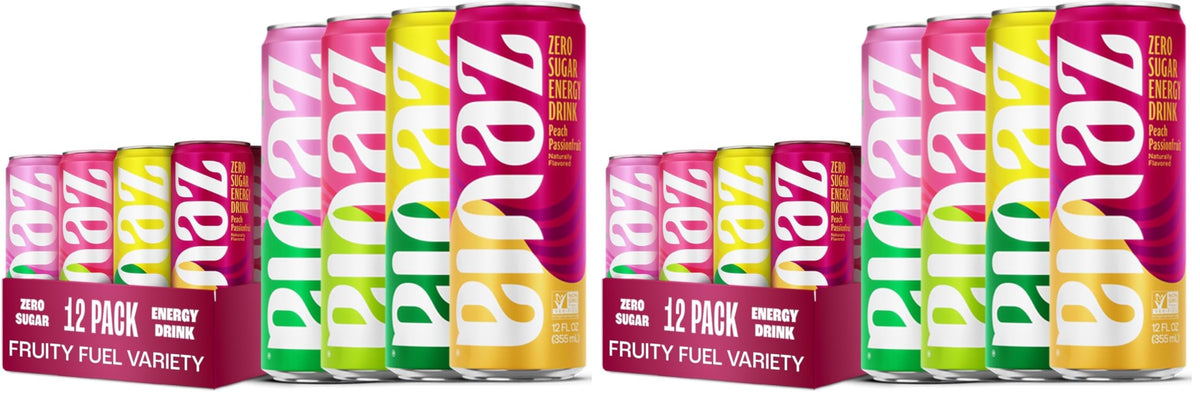 Zevia Zero Sugar Energy Drink, Fruity Fuel Variety Packs, 12 oz Cans - Naturally Sweetened, Non-GMO Project Verified, Gluten-Free, Vegan, (Pack of 24)
