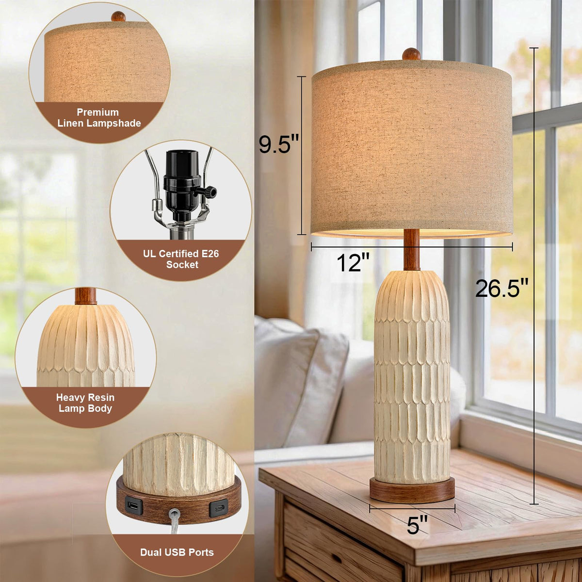 OYEARS 26.5" Bedside Table Lamps Set of 2, Farmhouse Table Lamp with USB A+C Charging Ports,Vintage Nightstand Lamp for Bedrooms and Living Rooms, Retro Resin End Table Lamp with Linen Shade, Brown