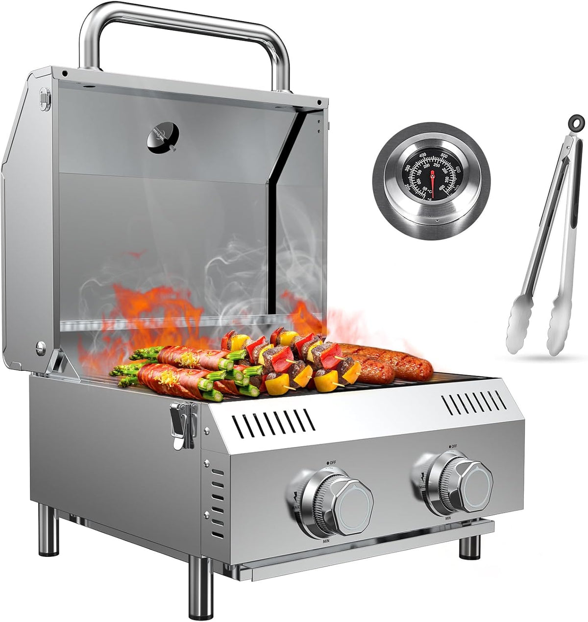 Llamaviva 2 Burners Tabletop Gas Grill, 20,000 BTUs Portable Stainless Steel Propane Grill with Legs for Tailgating, Outdoor Patio Backyard Camping, and RV Trips - food clip