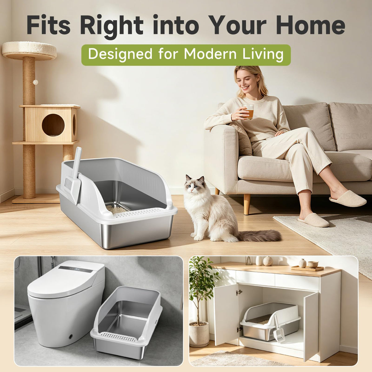 Stainless Steel Cat Litter Box with Lid, XL Metal High Sided Litter Box