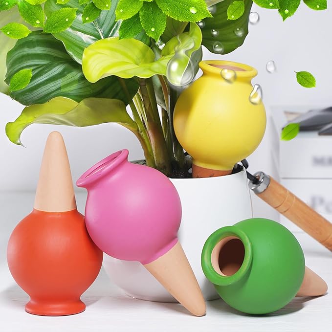 Terracotta Self Watering Spikes, 4 Pack Watering Bulbs for Indoor Outdoor Plants, Vacation Slow Release Plant Self Watering Planter Insert Devices, Colorful Water Globes While Away