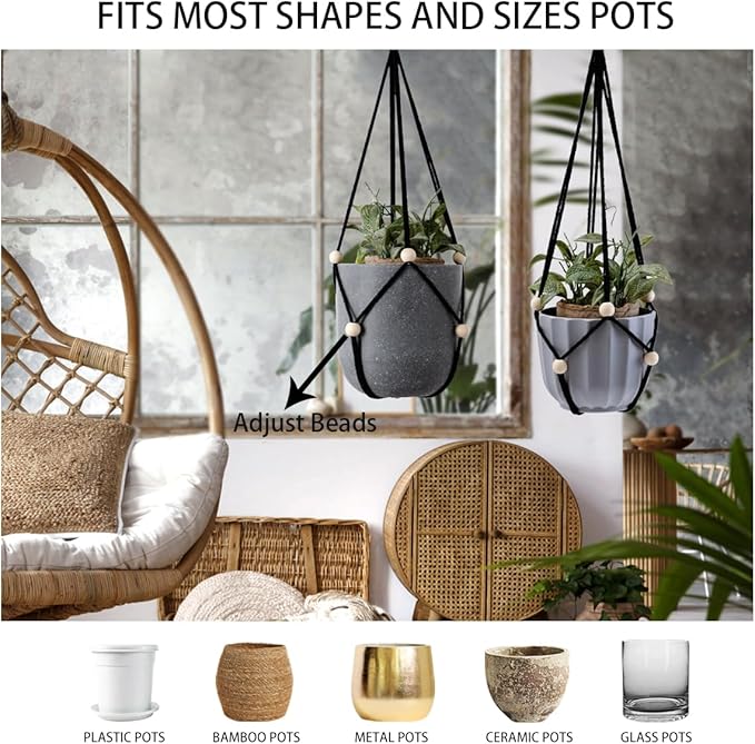 Artilady Black Hanging Planter for Indoor Plants Macrame Plant Hanger Large Hanging Plant Holder Basket with Adjustable Beads Outdoor Window Boho Plant Wall Decor